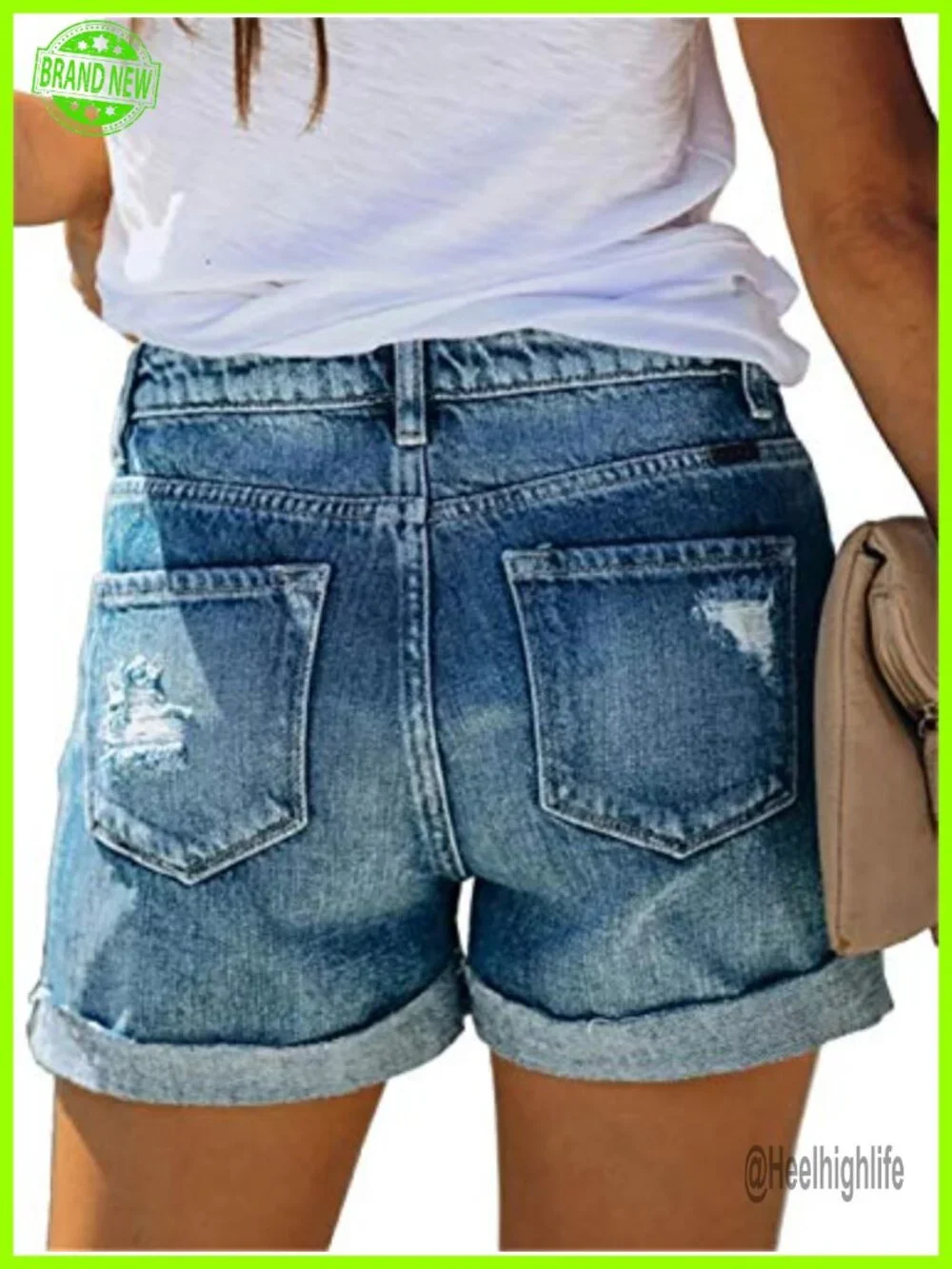 Women's Stretchy Folded Hem Ripped Denim Shorts Mid Rise Jean Shorts